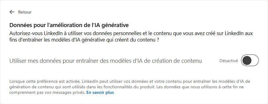 Menu LinkedIn afin de refuser d'utiliser les données pour améliorer l'IA