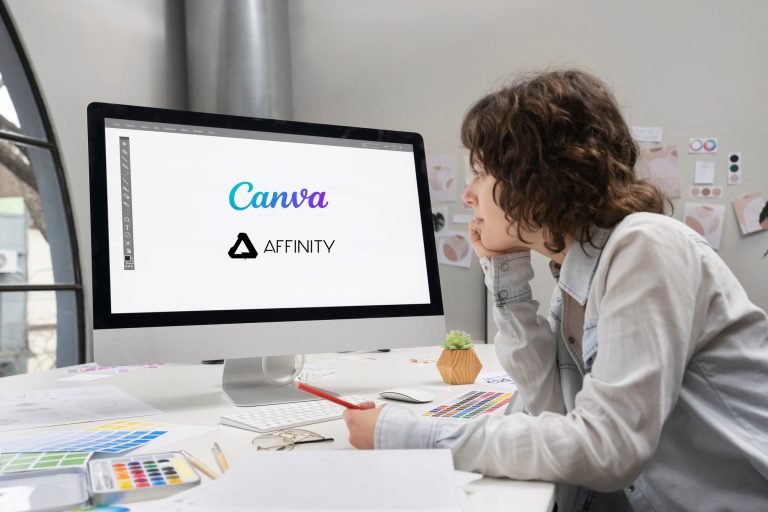 Les logos de Canva et d'Affinity affichés sur un écran d'ordinateur