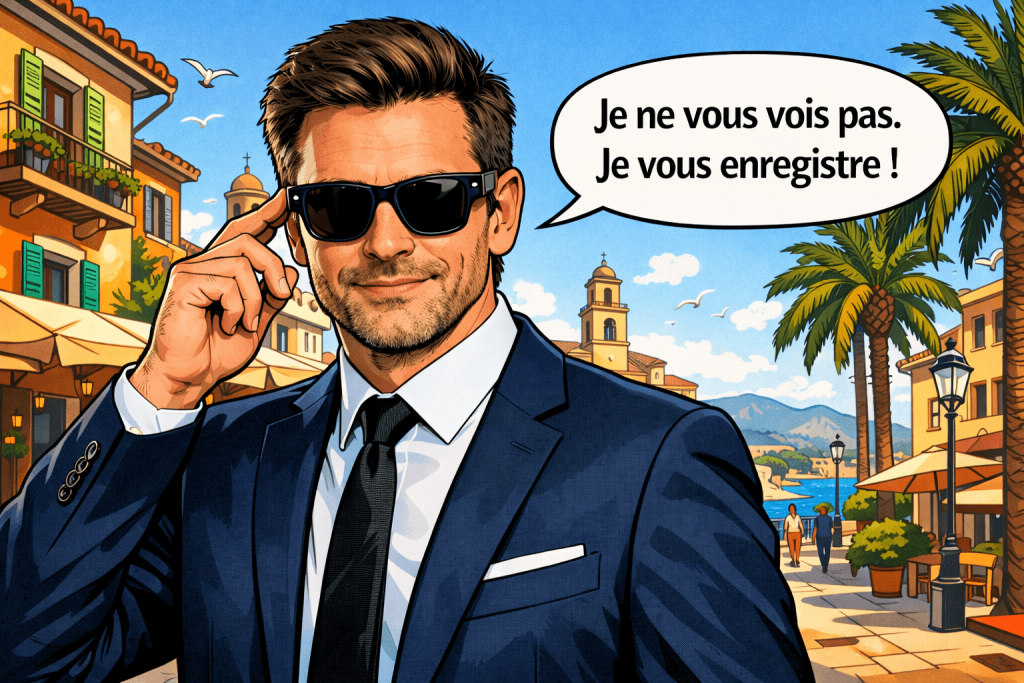 Homme avec des lunettes connectées indiquant "Je ne vous vois pas. Je vous enregistre" - illustration de l'article générée par chatgpt