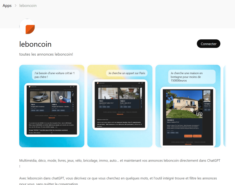 Application Leboncoin dans ChatGPT - capture d'ecran