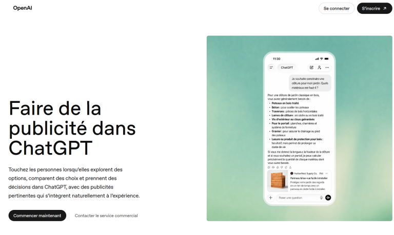 Page d'accueil de la régie publicitaire OpenAI Ads