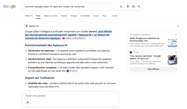 Capture d'écran des extraits Google liés à l'IA