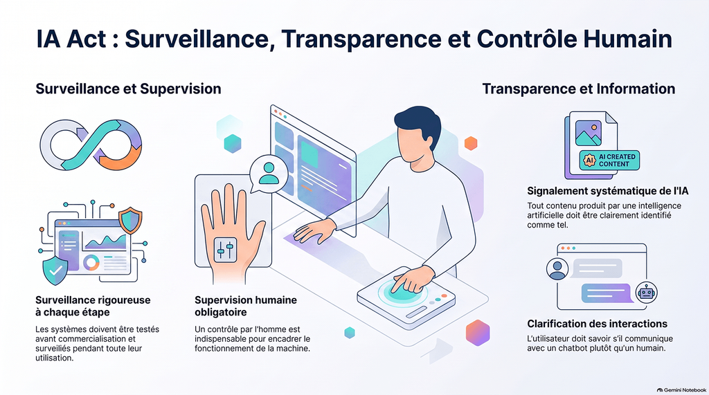 IA Act - infographie sur la surveillance, la transparence et le contrôle humain nécessaire. - Générée par IA 