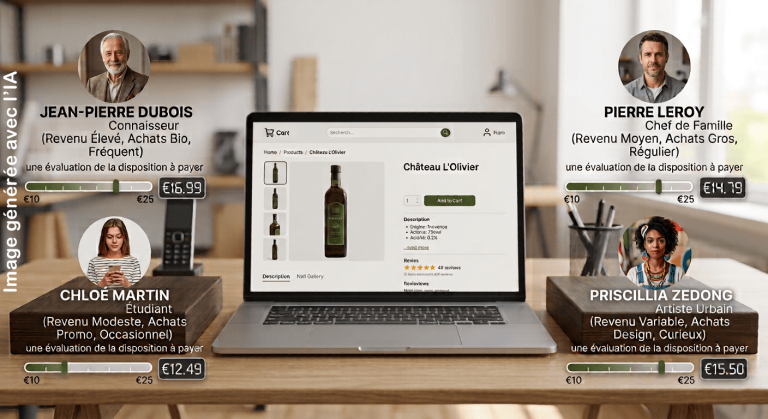 Image d'illustration - Site Ecommerce avec le prix d'une bouteille d'huile d'olive qui varie selon le profil de l'acheteur - image générée par IA