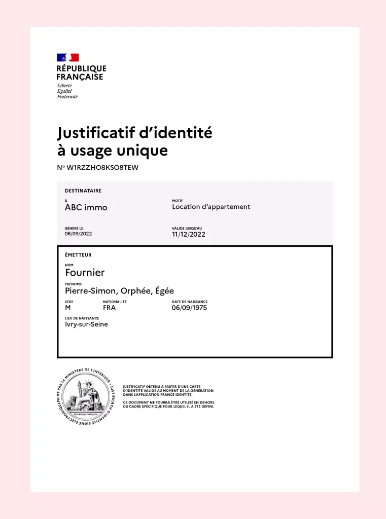 Carte d’identité : limitez la fuite de vos données avec le justificatif à usage unique 1 Exemple d'un justificatif unique d'identité - France Titres - sous licence CC BY SA 4.0
